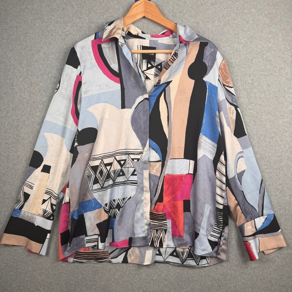 NIC+ZOE Top Womens Large Abstract Geometric Satin Button Artsy Art to Wear Bold